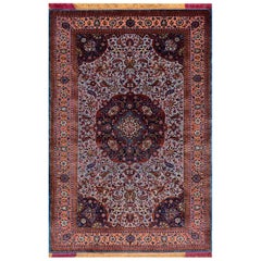 Antique Early 20th Century Silk & Metallic Thread Persian Kashan Carpet 4' 6" x6' 10" 