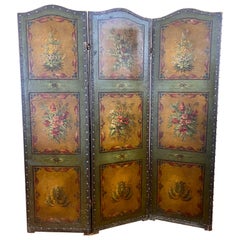 Antique French Hand Painted Leather Three Panel Folding Screen Room Divider
