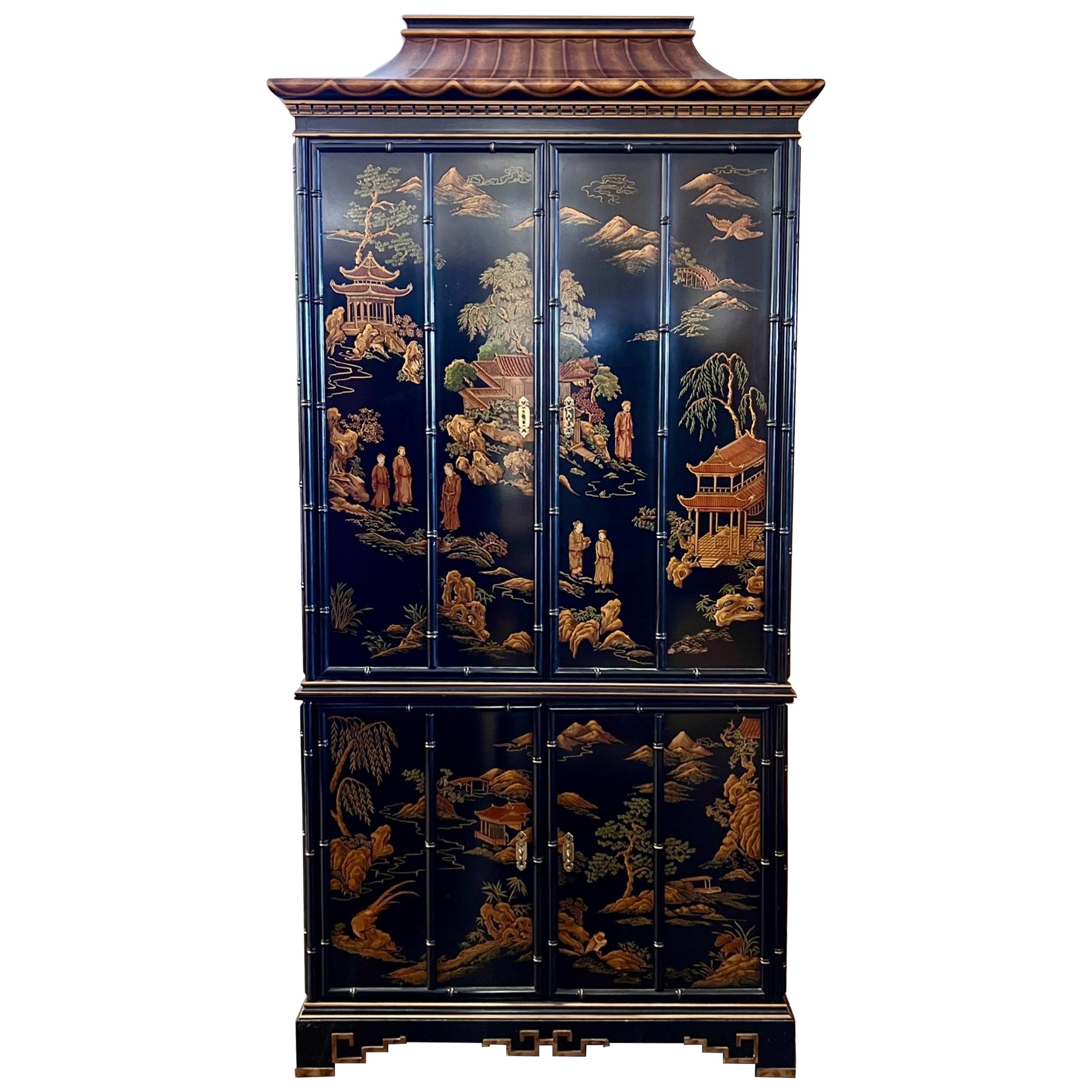 Drexel Schwarz lackierter Chinoiserie-Schrank mit Pagodenplatte und Schrankschrank 