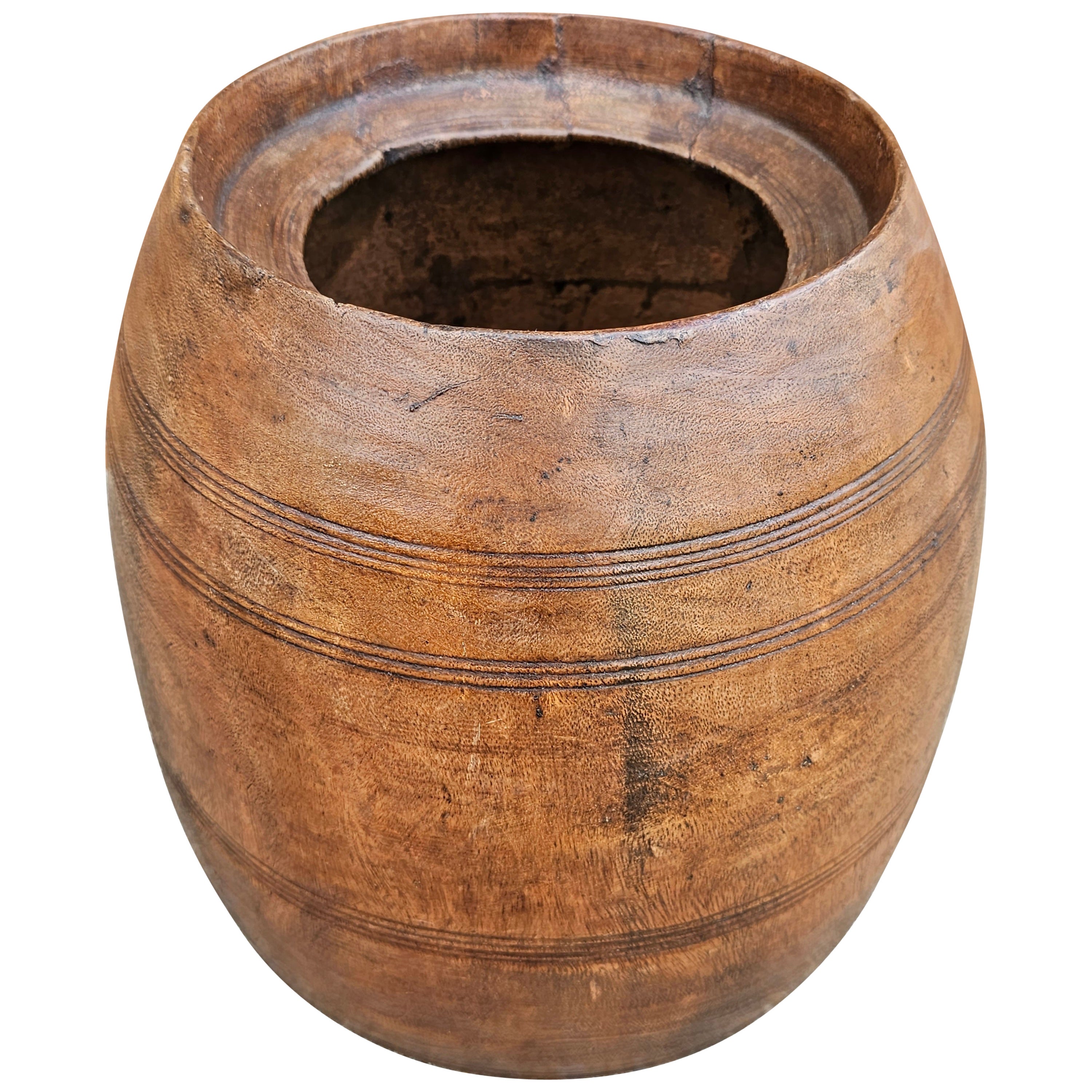 Pot à miel / pot à riz en bois tourné, aujourd'hui jardinière, du début du 20e siècle, fait à la main en vente