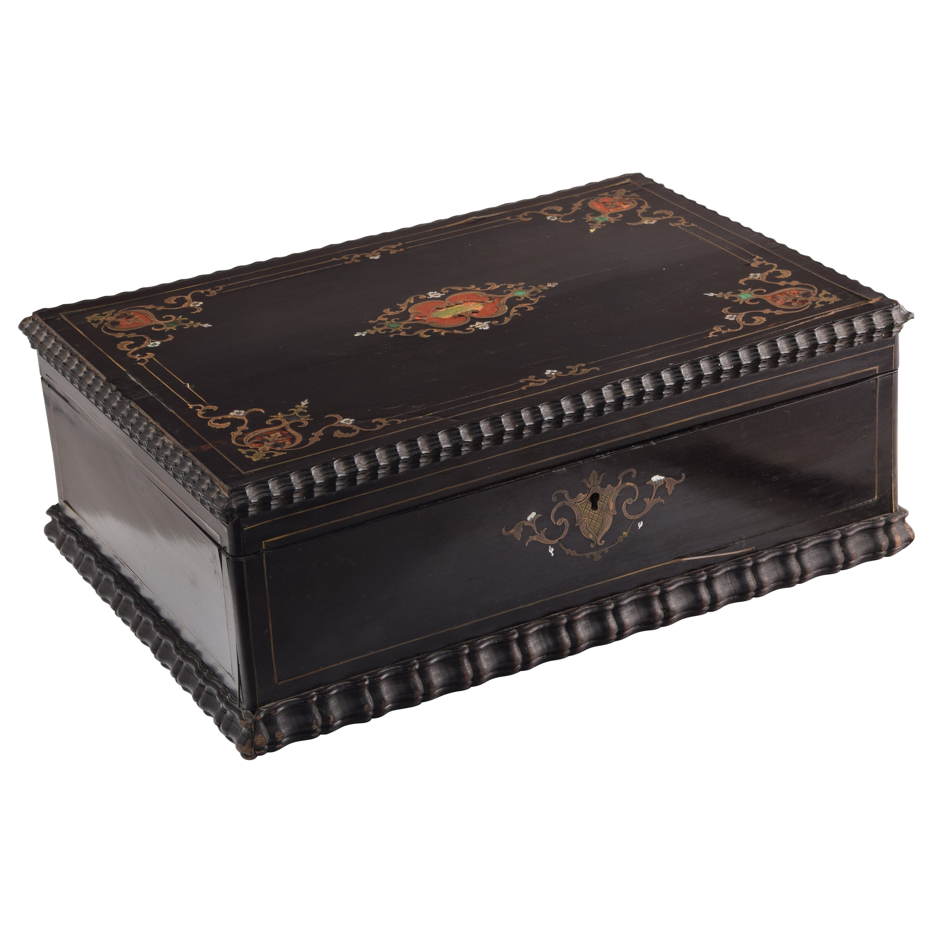 Wooden box with metal inlay. Possibly french, 19th century. For Sale