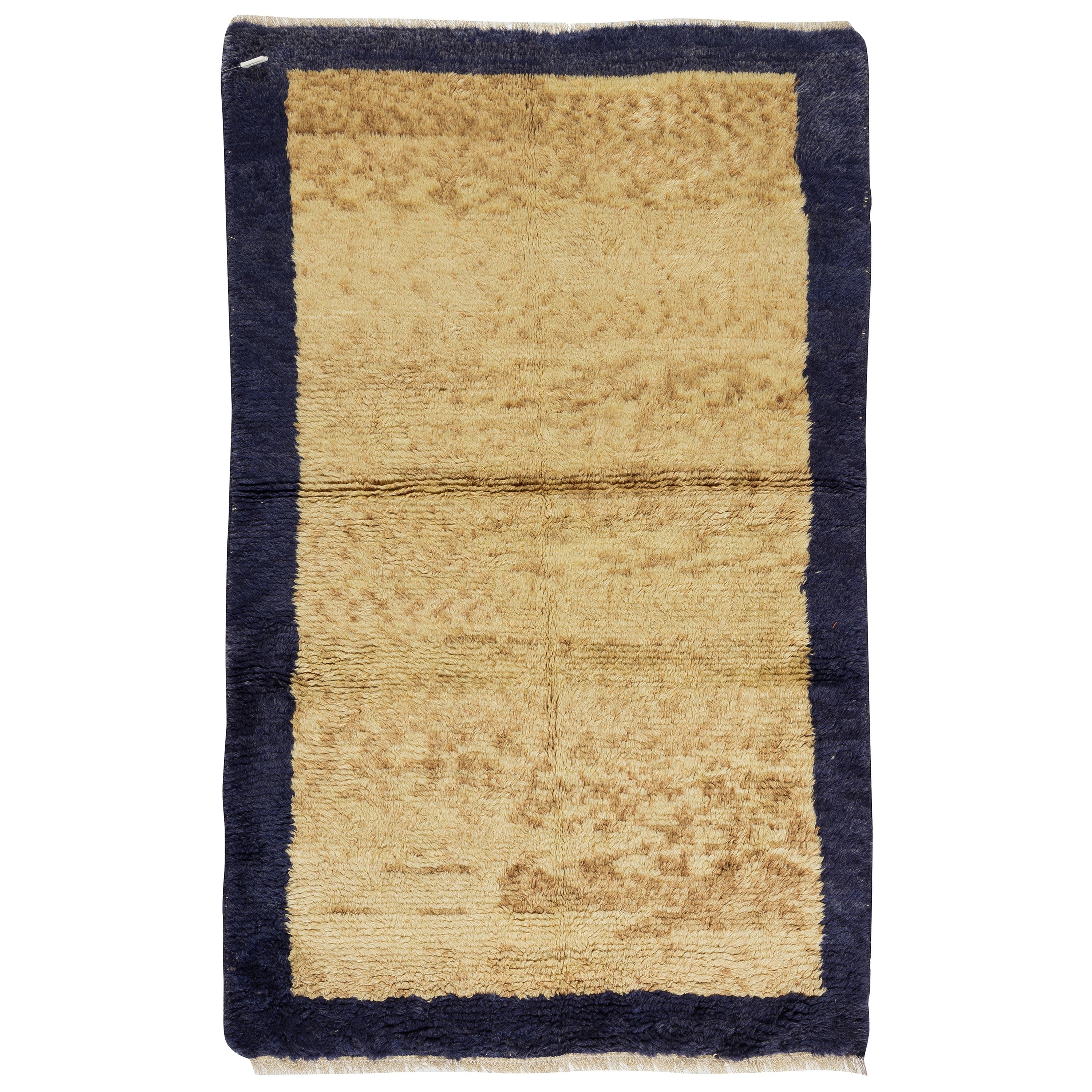 3.2x5 Ft Vintage Minimalist Handmade "Tulu" Rug in Navy Blue and Camel, Ca 1970 For Sale