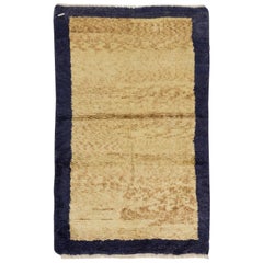 3.2x5 Ft Retro Minimalist Handmade "Tulu" Rug in Navy Blue and Camel, Ca 1970