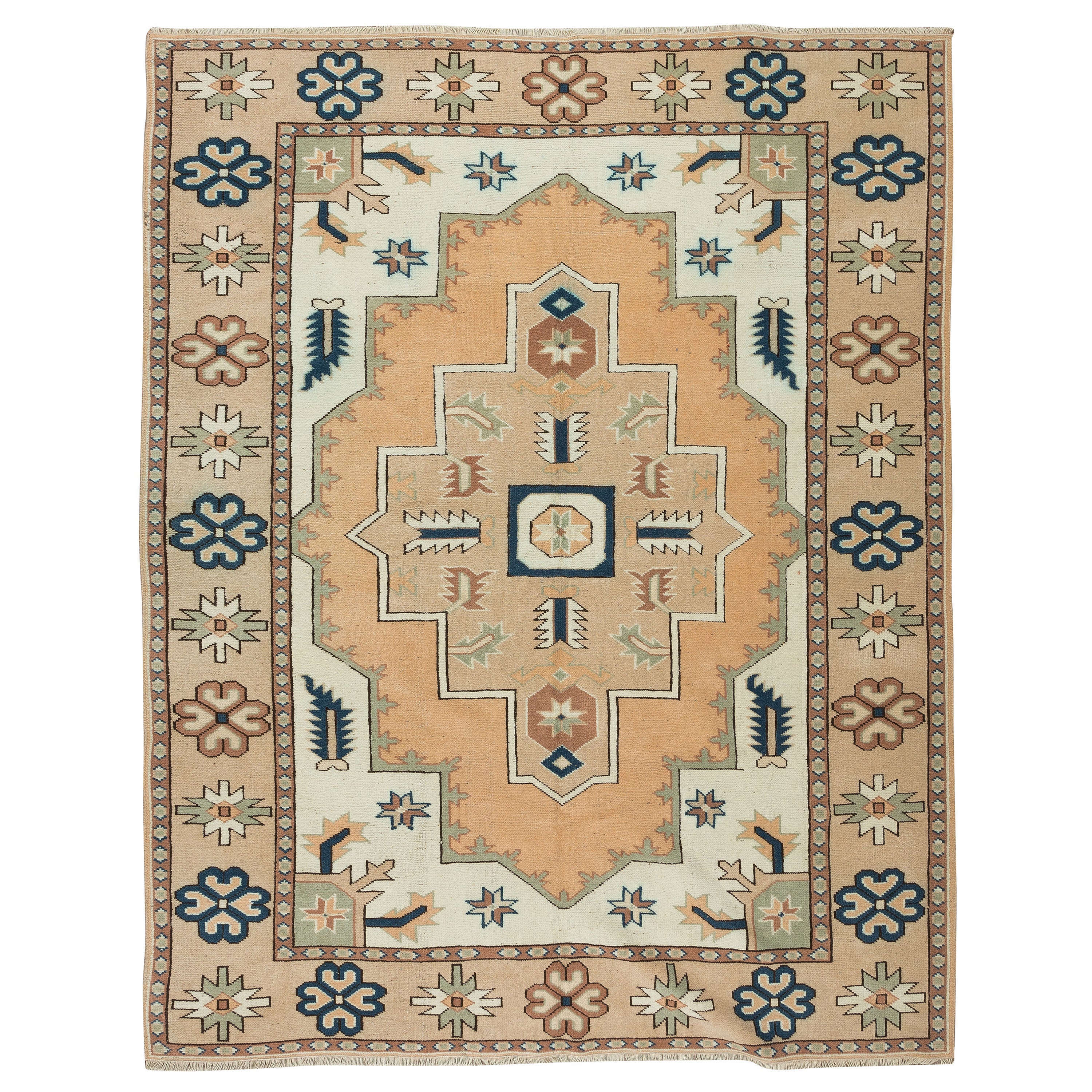 6x7.7 Ft Vintage Turkish Area Rug, All Wool, Handmade Geometric Design Carpet For Sale