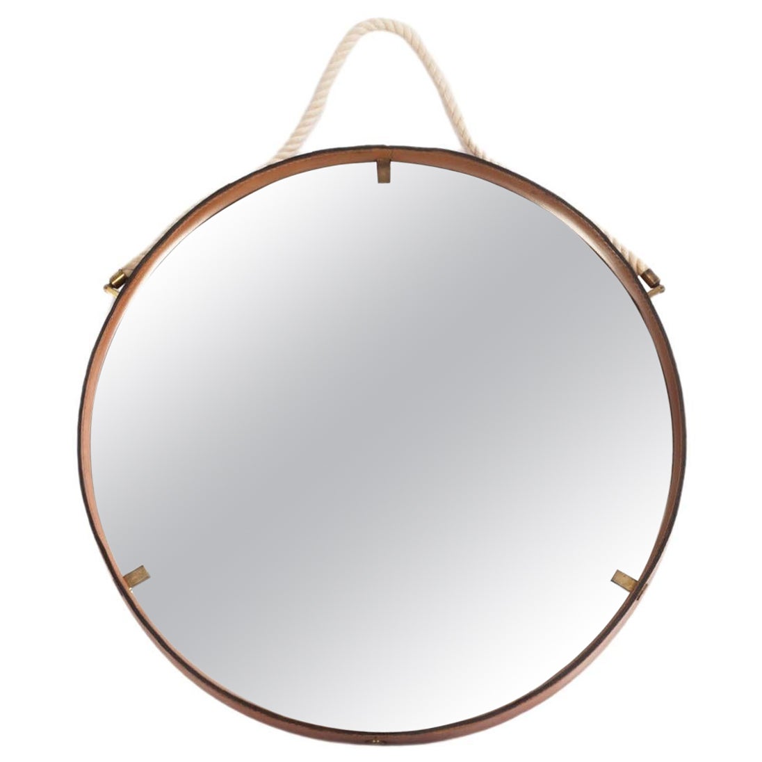  Leather-covered round wall mirror with brass elements, Italy 1960s. For Sale