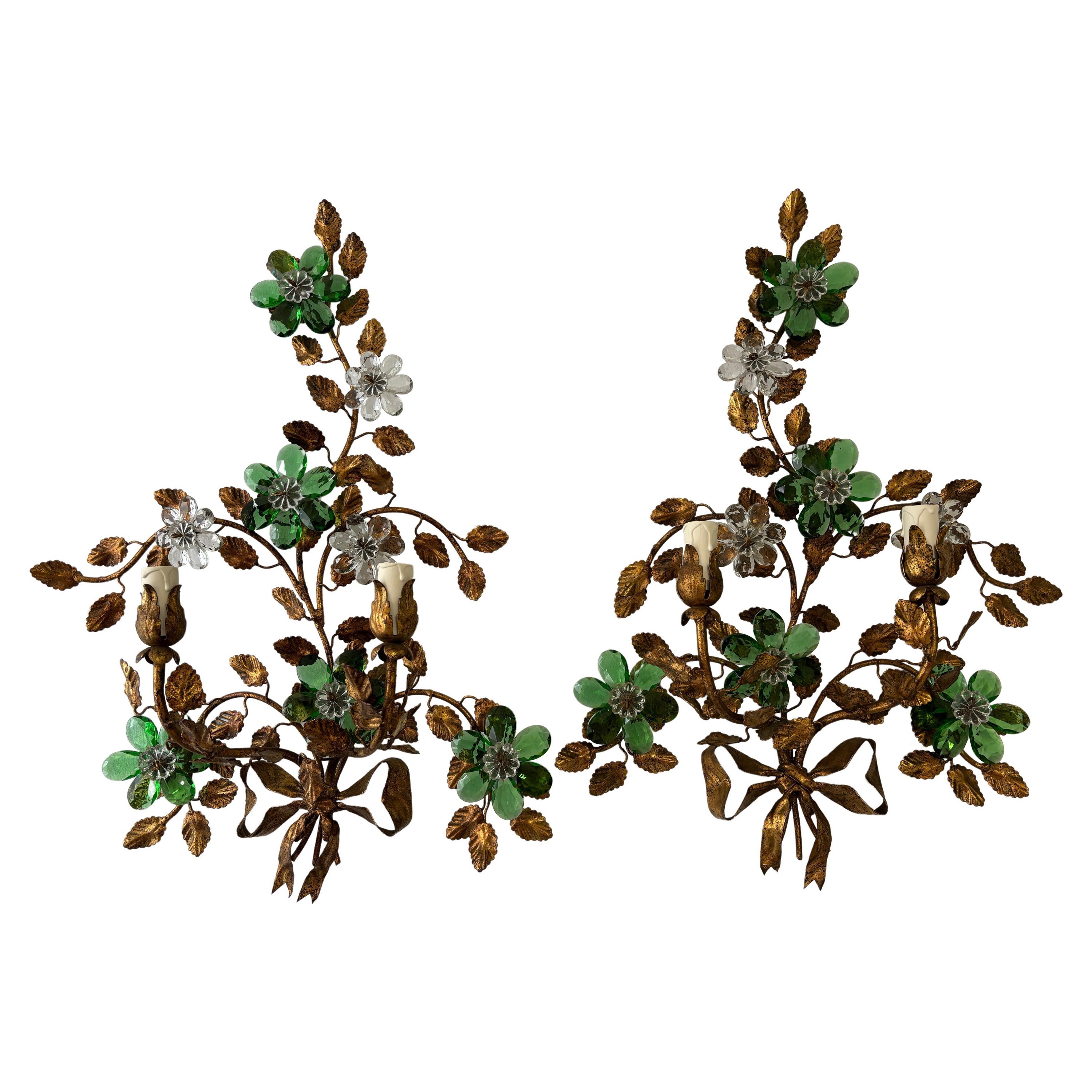  Appliques à nœuds en forme de prisme vert et de fleur de cristal de la Maison Baguès, circa 1930