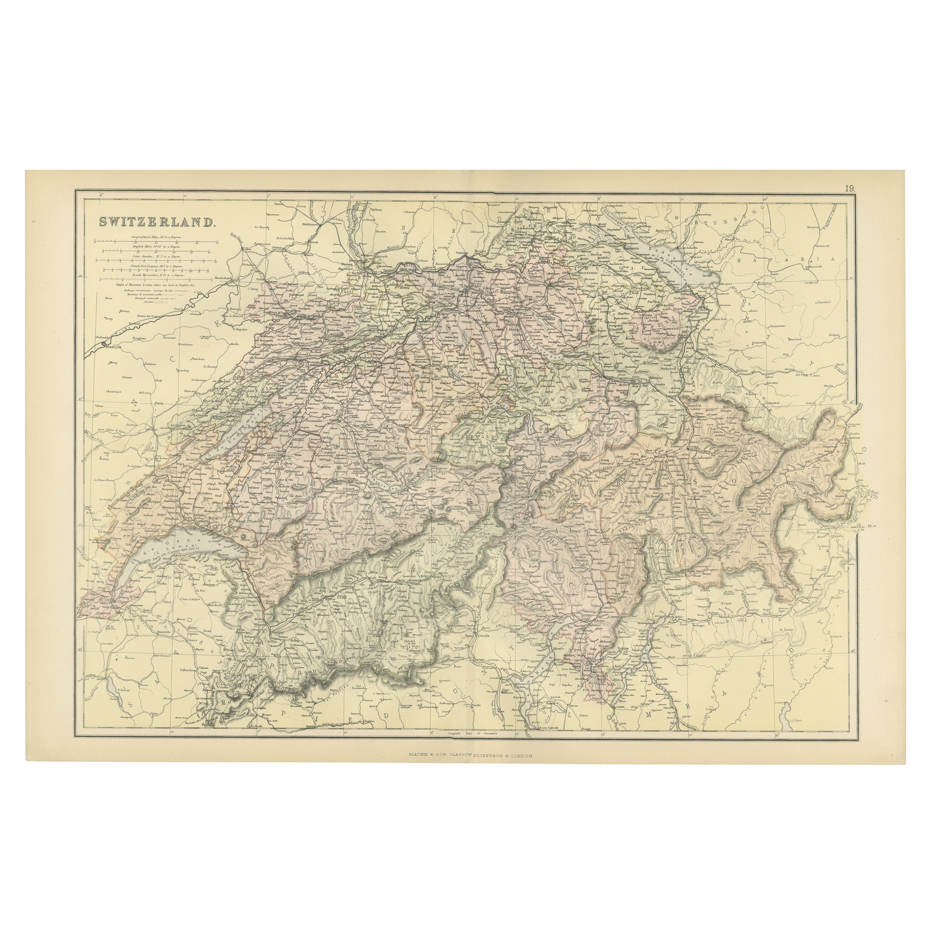 Original Antique Map of Switzerland, 1882 For Sale