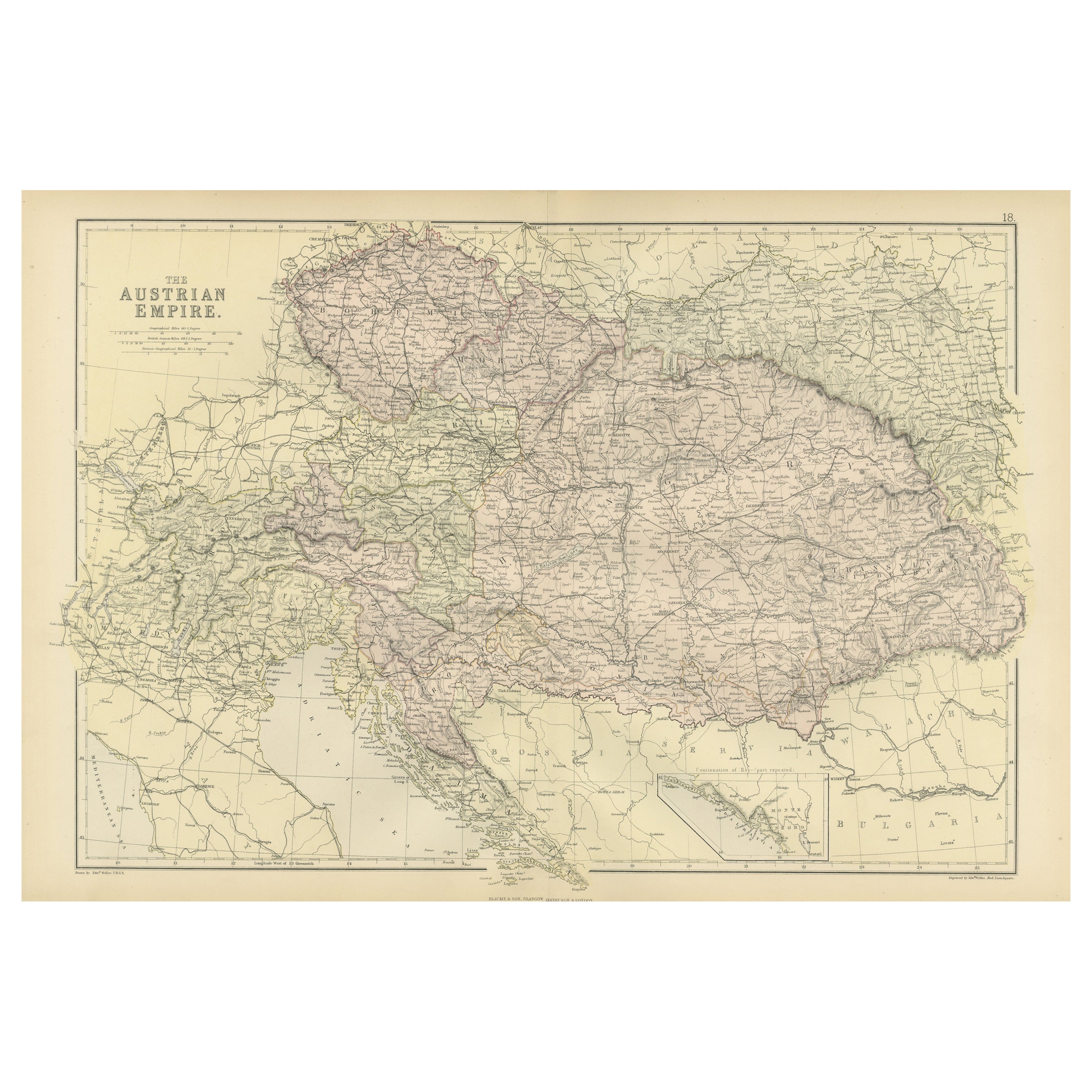 Originale antike Karte des Österreichischen Kaiserreichs, 1882
