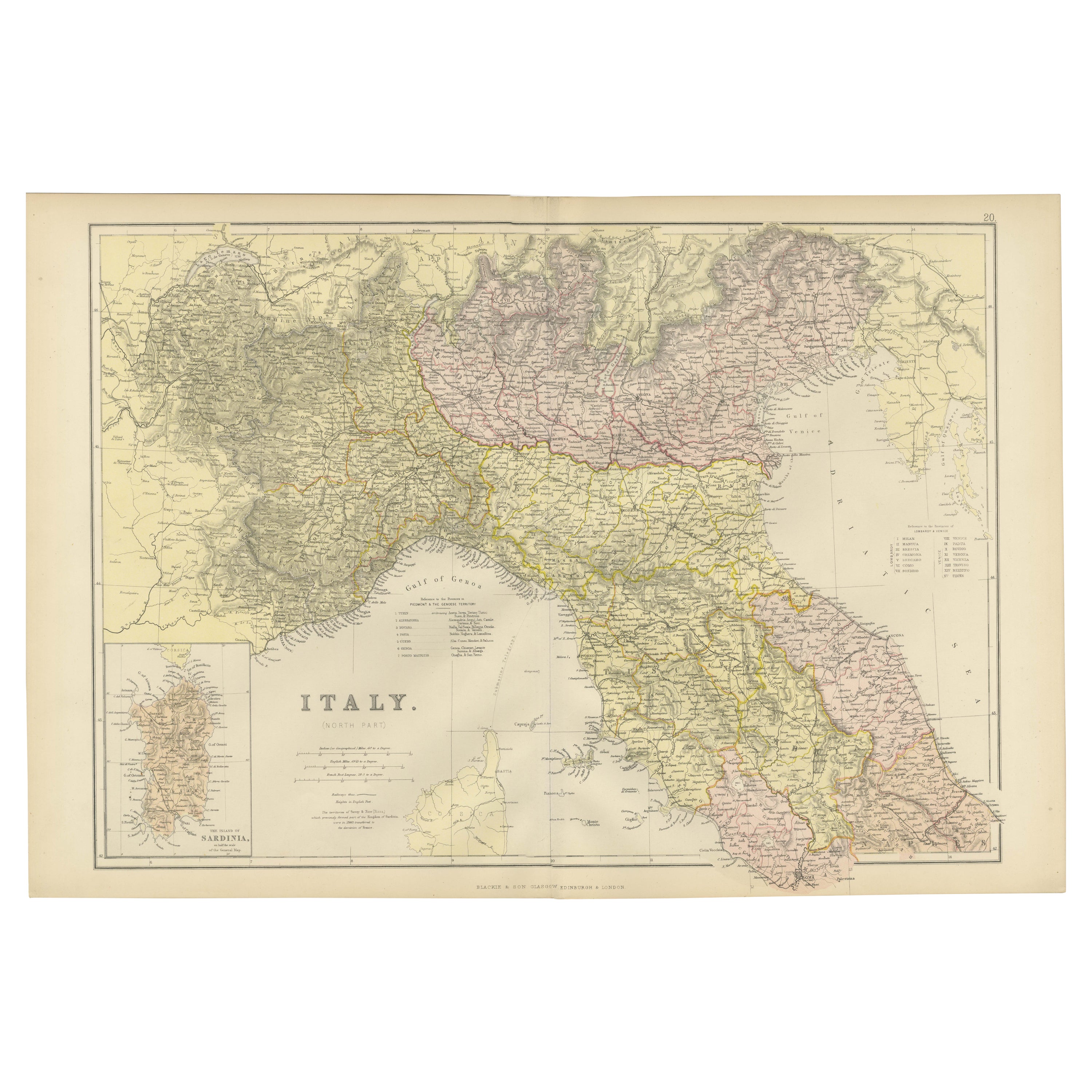 Original Antique Map of Italy with an Inset of Sardinia, 1882 For Sale