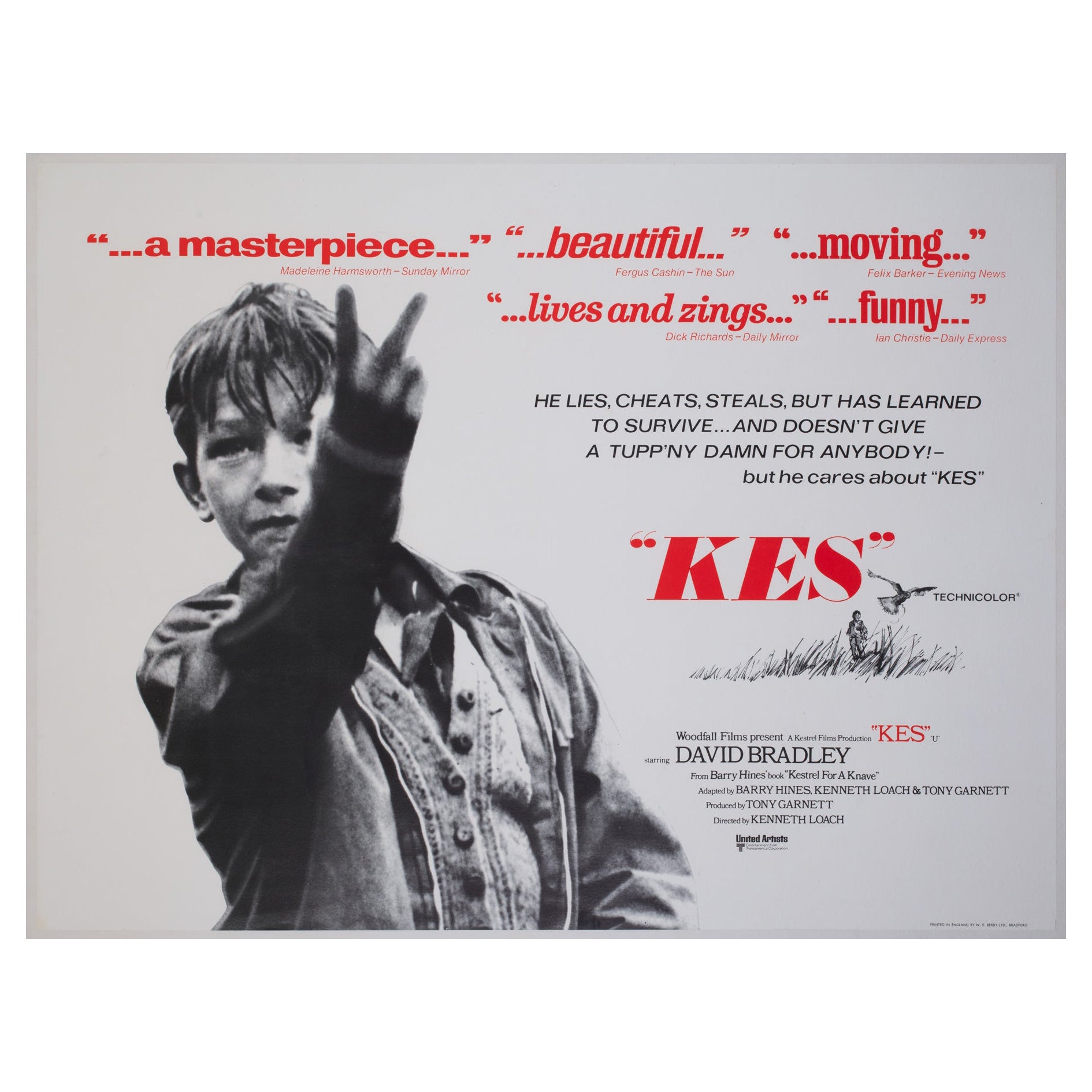 "KES 1969" Original UK Quad Film Movie Poster, Quotes Style, Ken Loach
