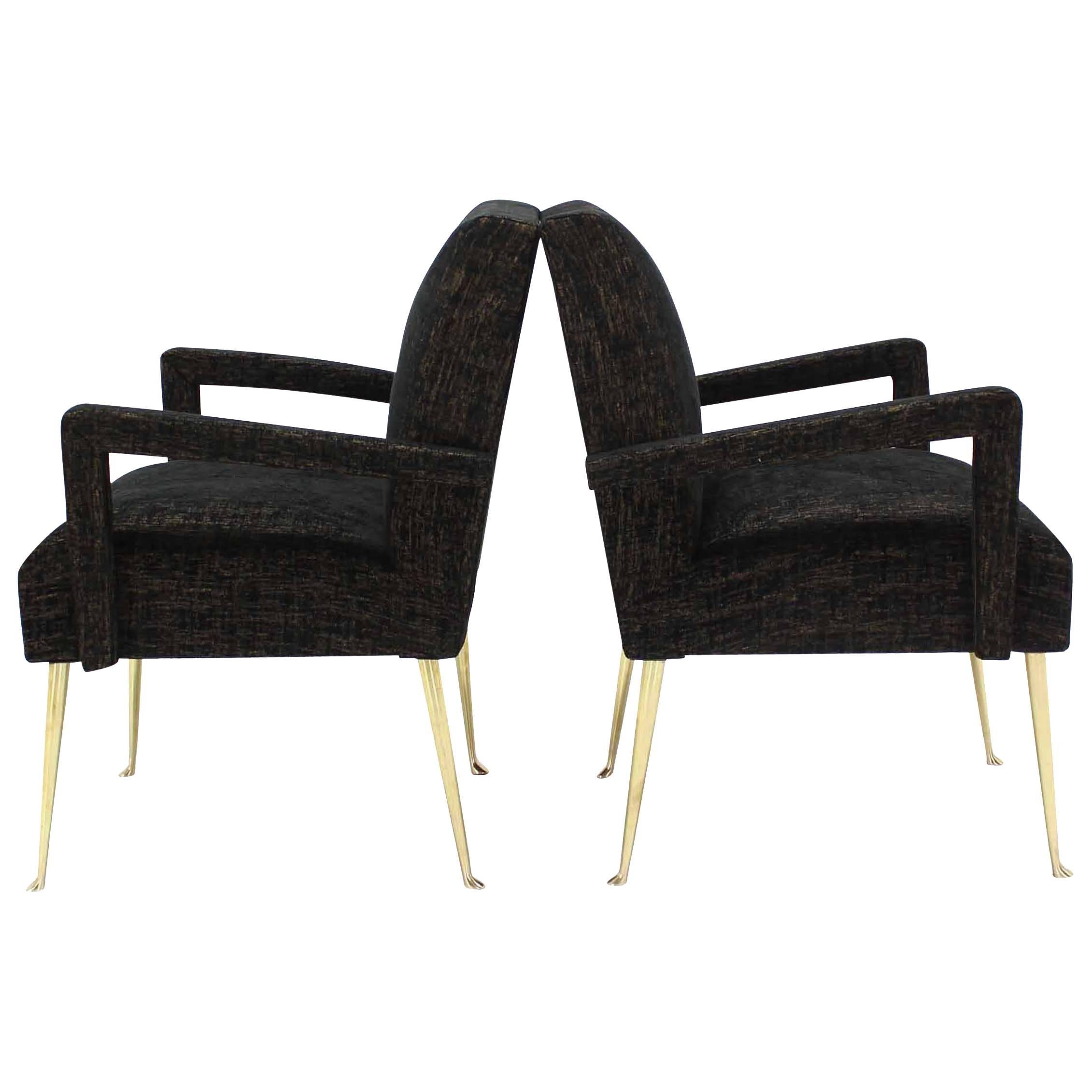 Pair of Italian Mid Century Modern Armchairs on Solid Brass Legs  For Sale