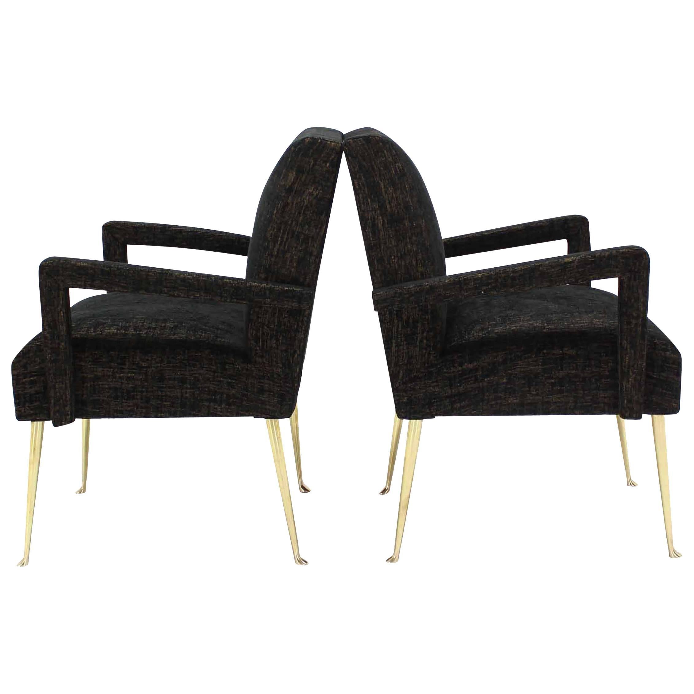 Pair of Italian Mid Century Modern Armchairs on Solid Brass Legs For Sale