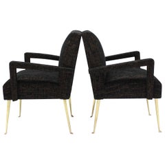 Pair of Italian Mid Century Modern Armchairs on Solid Brass Legs 
