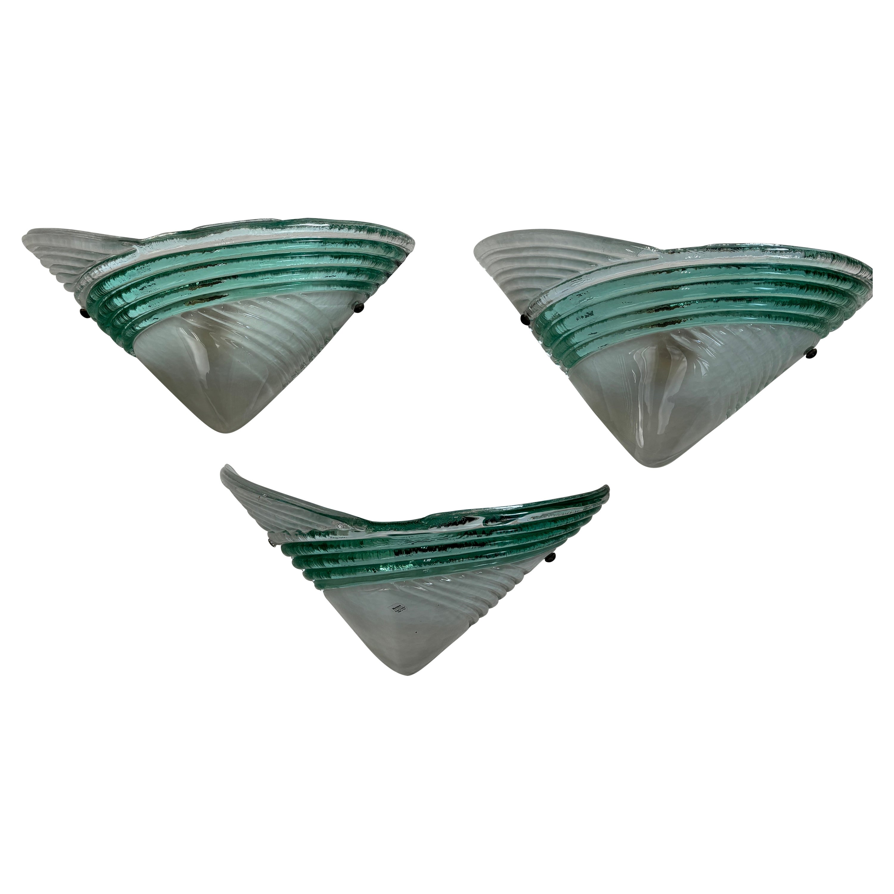 Set of 3 Mid Century Italian Murano Glass Venini Style Green and Clear Sconces For Sale