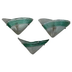 Set of 3 Mid Century Italian Murano Glass Venini Style Green and Clear Sconces