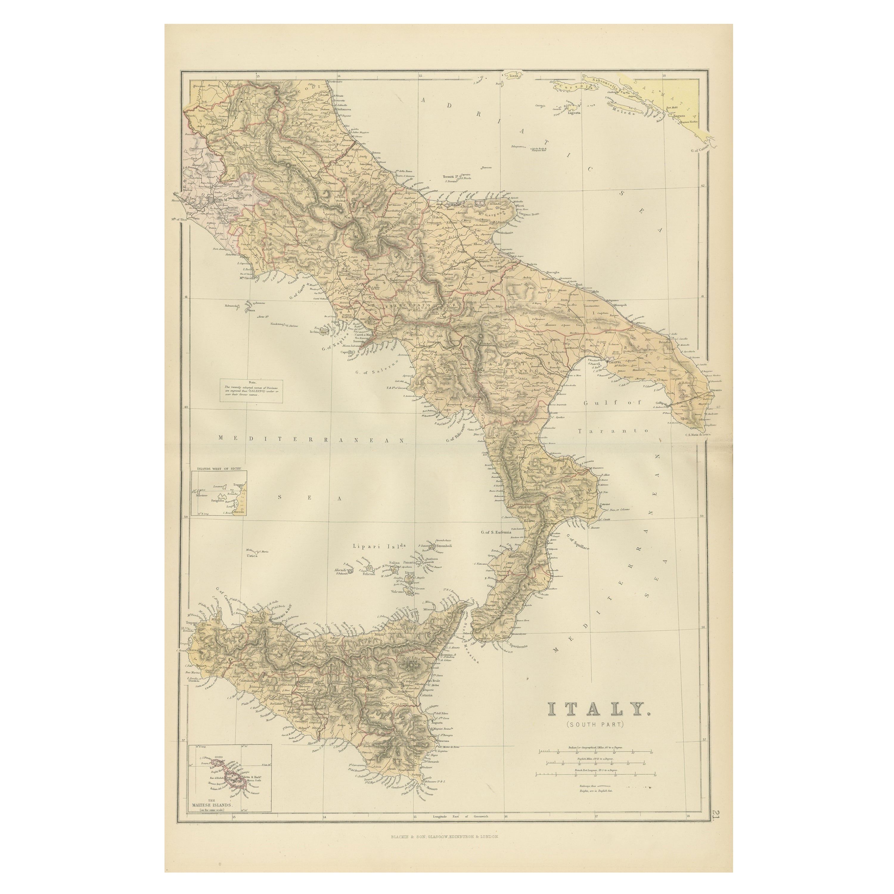Original Antique Map of the South Part of Italy with an Inset of Malta, 1882 For Sale