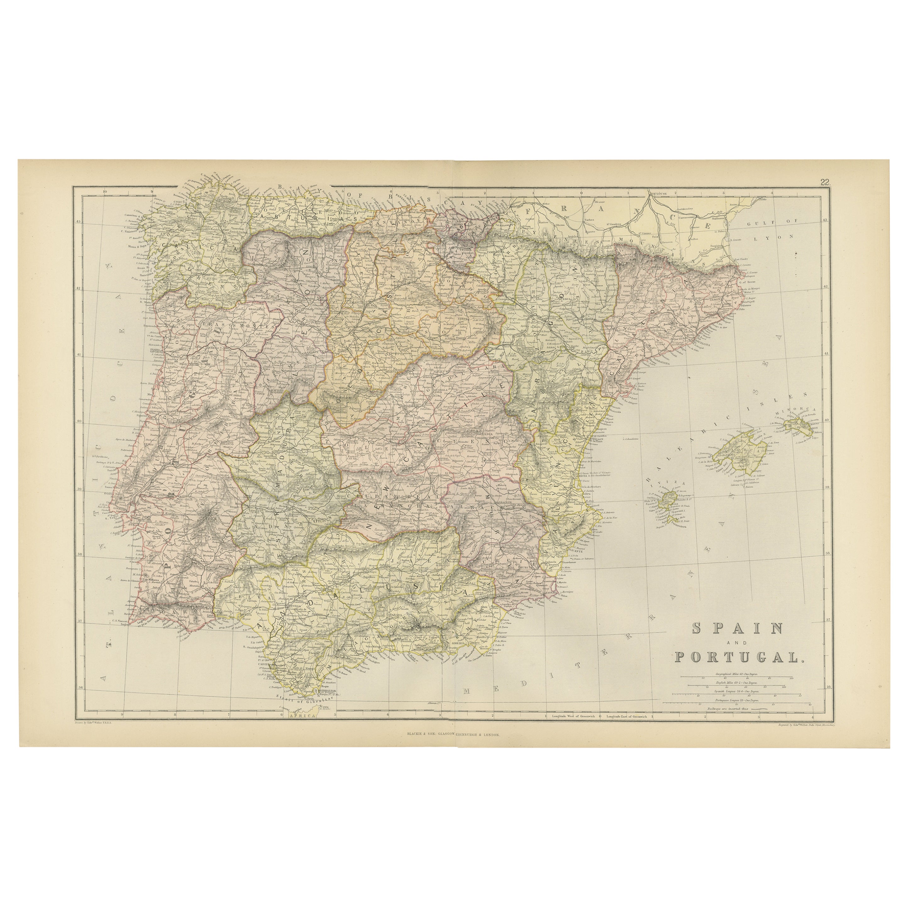 Original Antique Map of Spain and Portugal, 1882