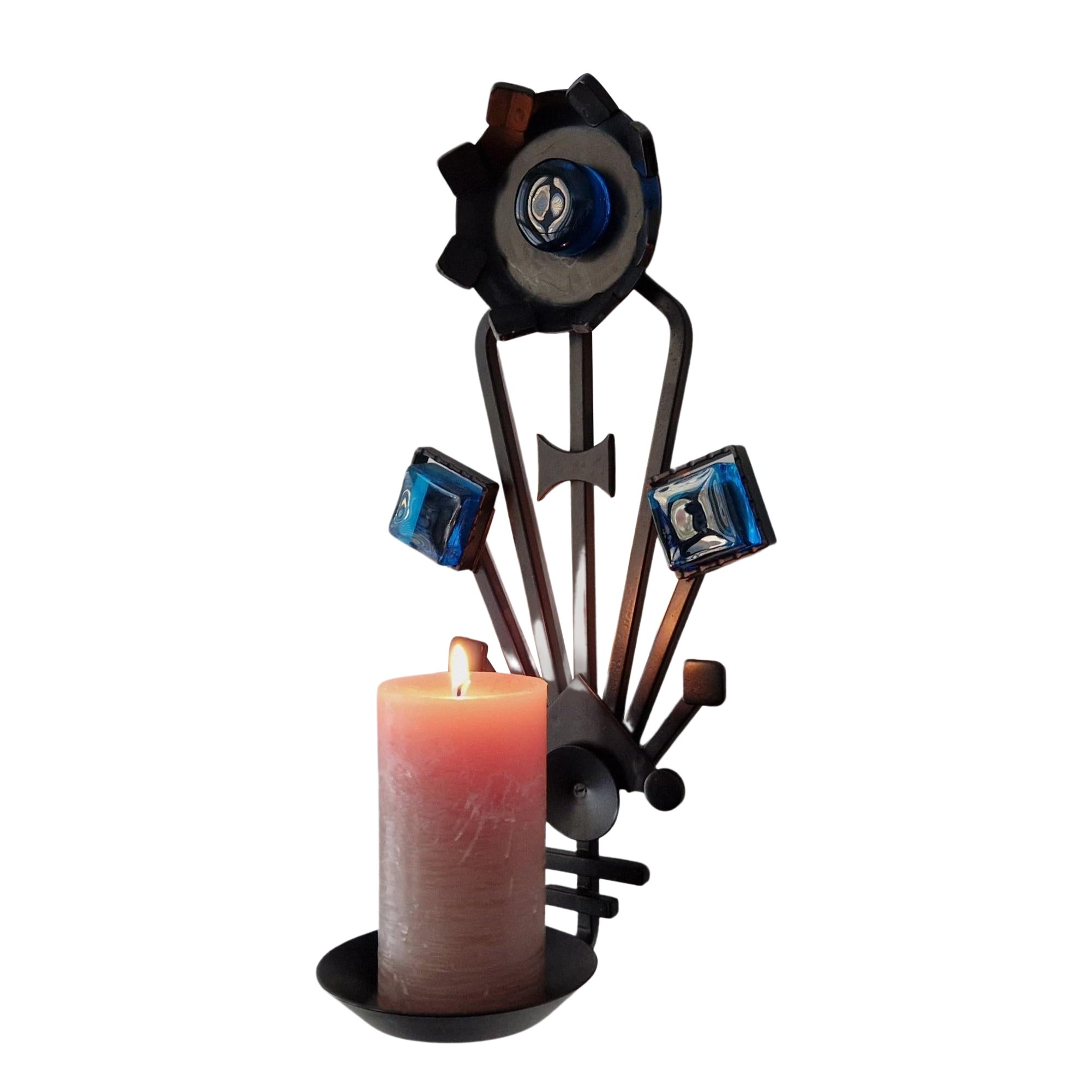 Sculptural Iron and blue glass candle sconce for Dantoft, Denmark 1960's/1970's For Sale