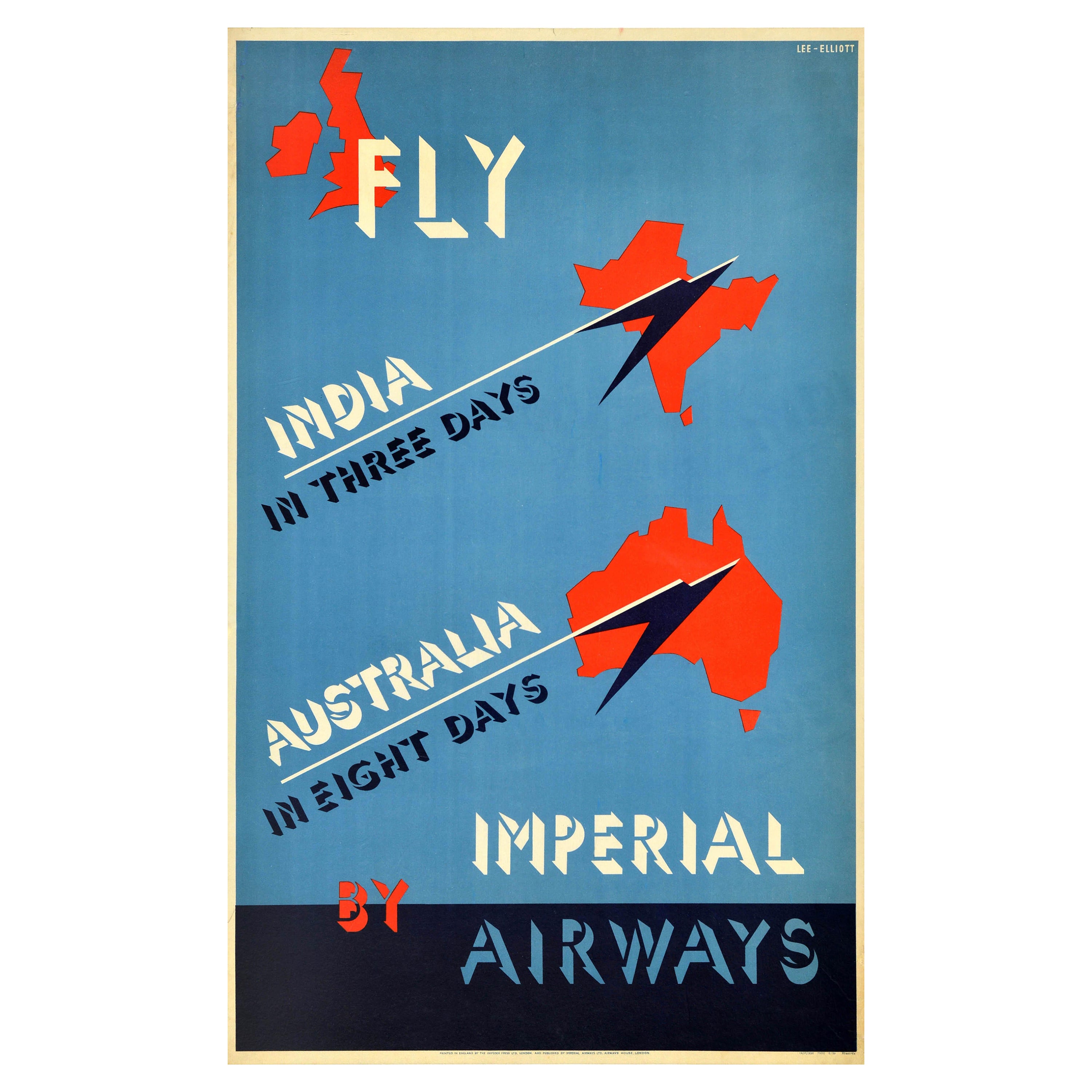 Affiche publicitaire originale de voyage Fly Imperial Airways, Inde, Australie
