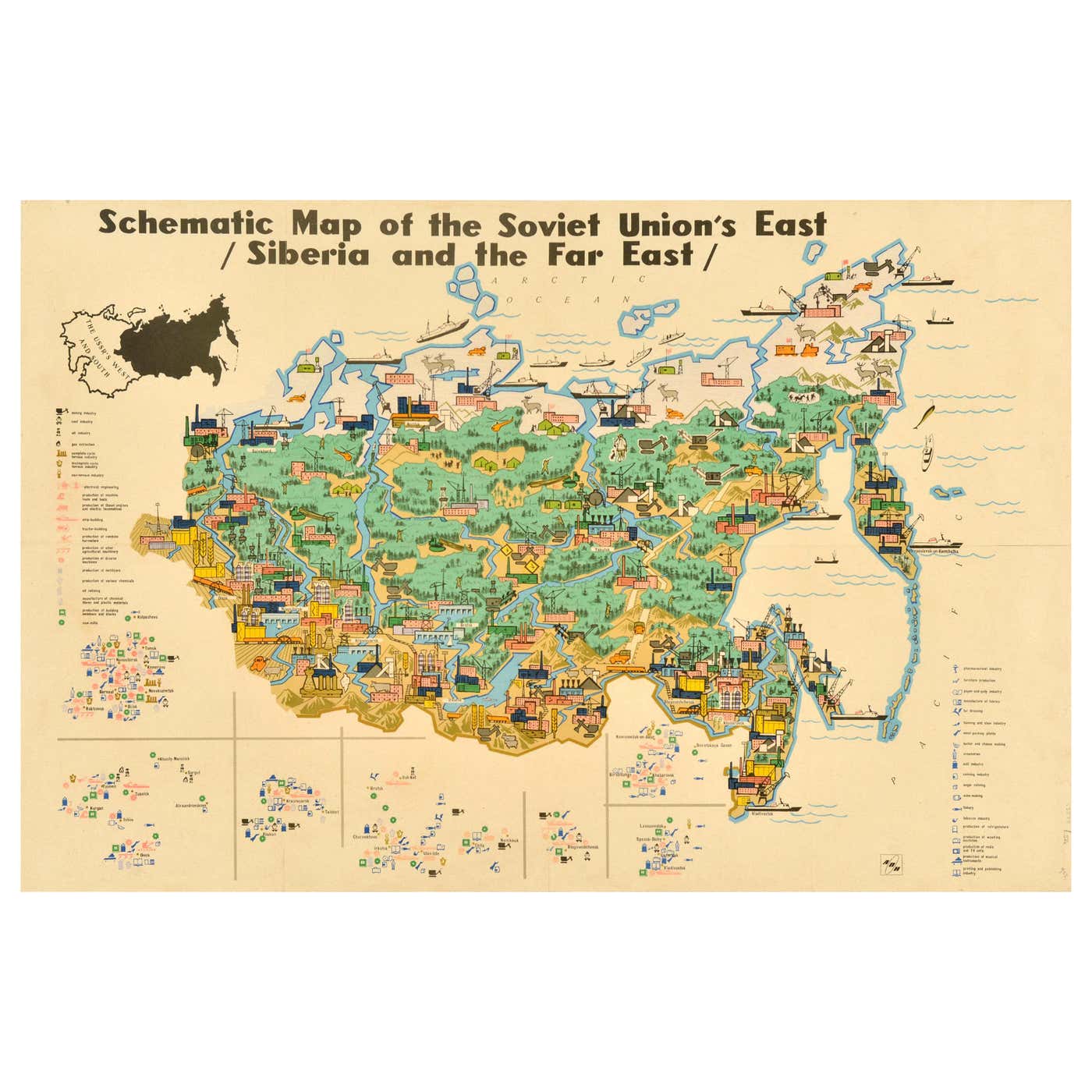 Ussr Map Original Vintage Illustrated Map Poster Schematic Map Soviet Union USSR ...