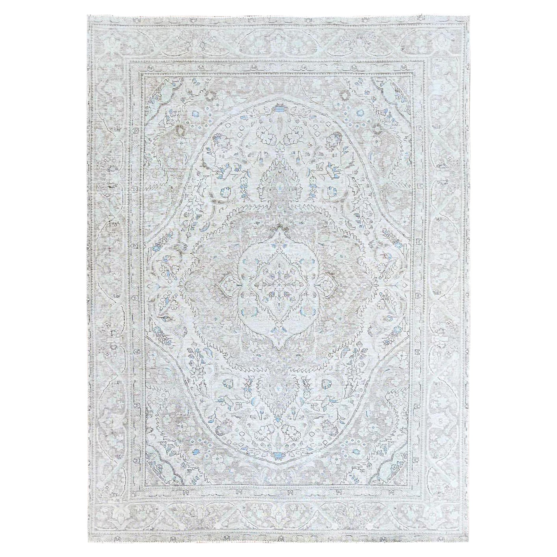 Ivory Evenly Worn Wool Vintage Persian White Wash Tabriz Hand Knotted Clean Rug For Sale