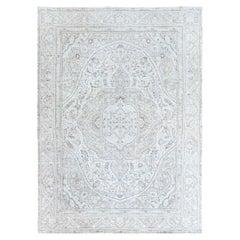 Ivory Evenly Worn Wool Vintage Persian White Wash Tabriz Hand Knotted Clean Rug