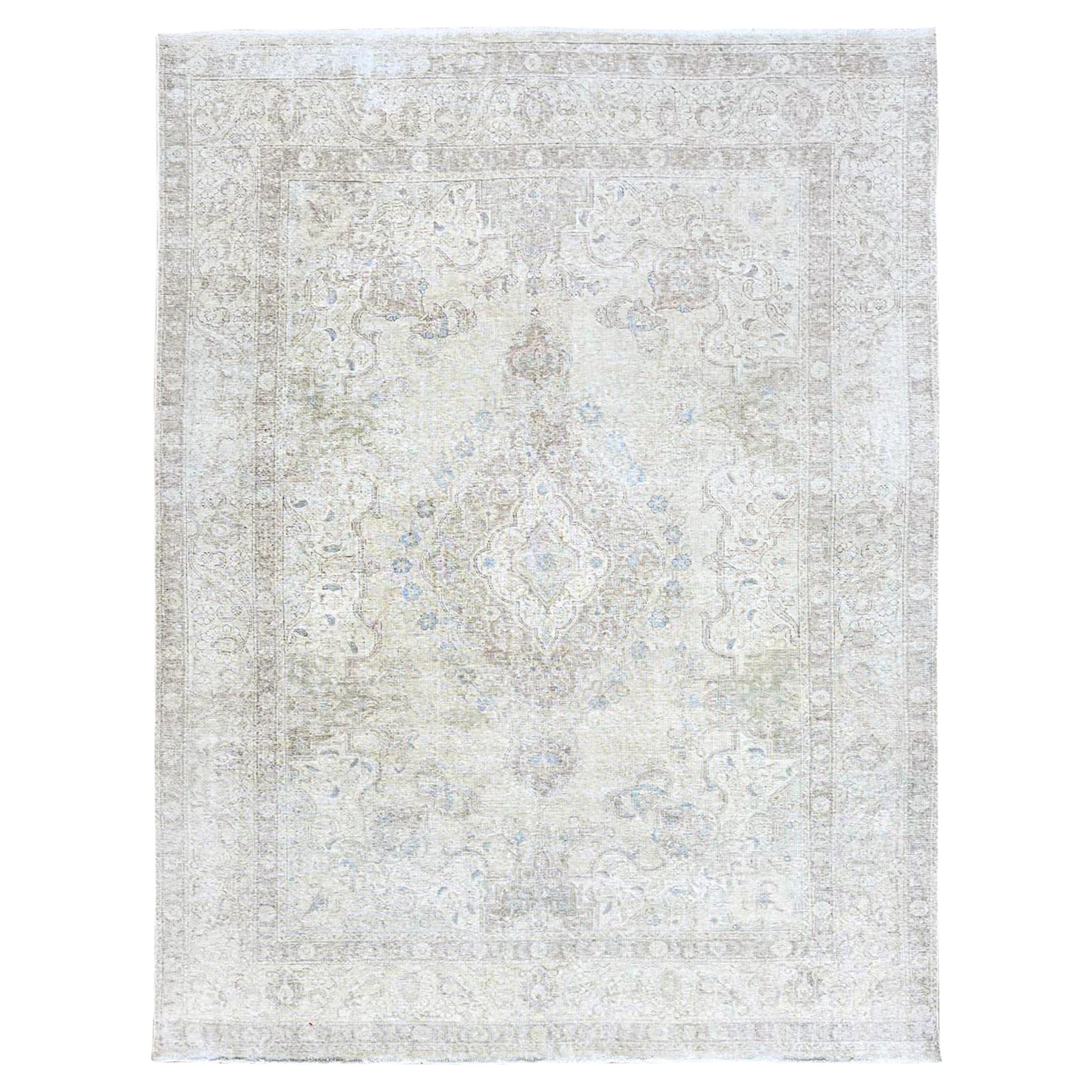 Ivory Vintage Persian Tabriz Hand Knotted Wool Rustic Look Even Wear Clean Rug For Sale