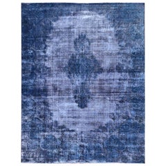 Alfombra Azul Sobreteñida Vintage Persa Kerman Lana Suave Envejecida Anudada a Mano Limpia