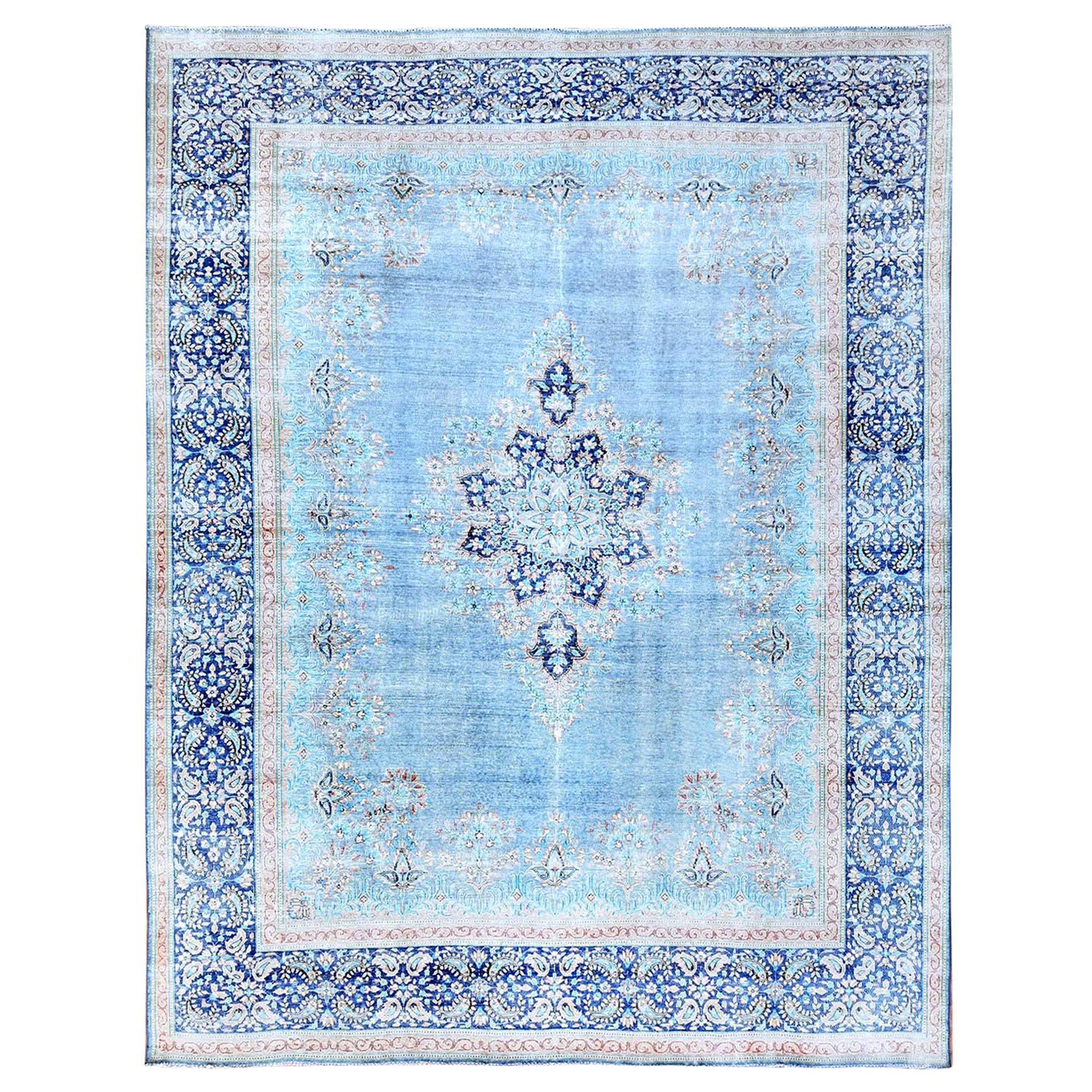 Blue Hand Knotted Wool Clean Vintage Persian Kerman Sheared Low Rustic Feel Rug For Sale