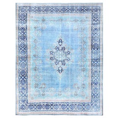 Blue Hand Knotted Wool Clean Vintage Persian Kerman Sheared Low Rustic Feel Rug
