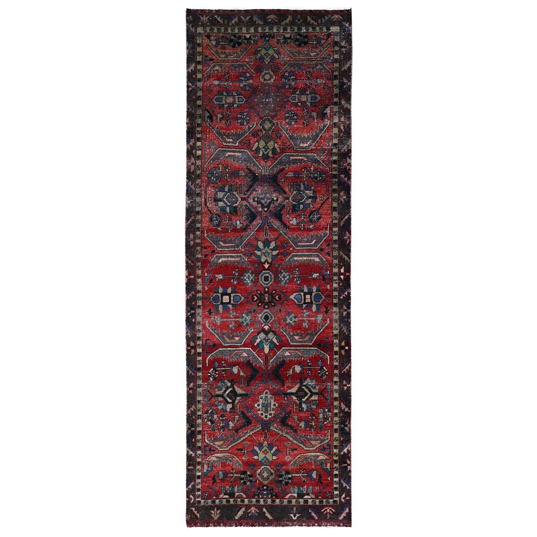 Tomato Red Vintage Persian Heriz Hand Knotted Clean Sheared Low Wide Runner Rug For Sale