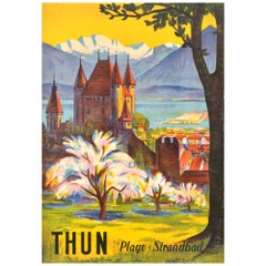 Affiche rétro originale de voyage Thun Strandbad Bernese Oberland Switzerland Art