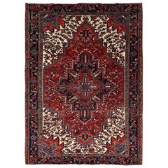 Red Retro Persian Heriz Geometric Medallions Vibrant Wool Hand Knotted Rug