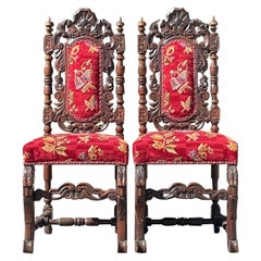 Antique Gothic Carved Wood Dining Chairs - a Pair
