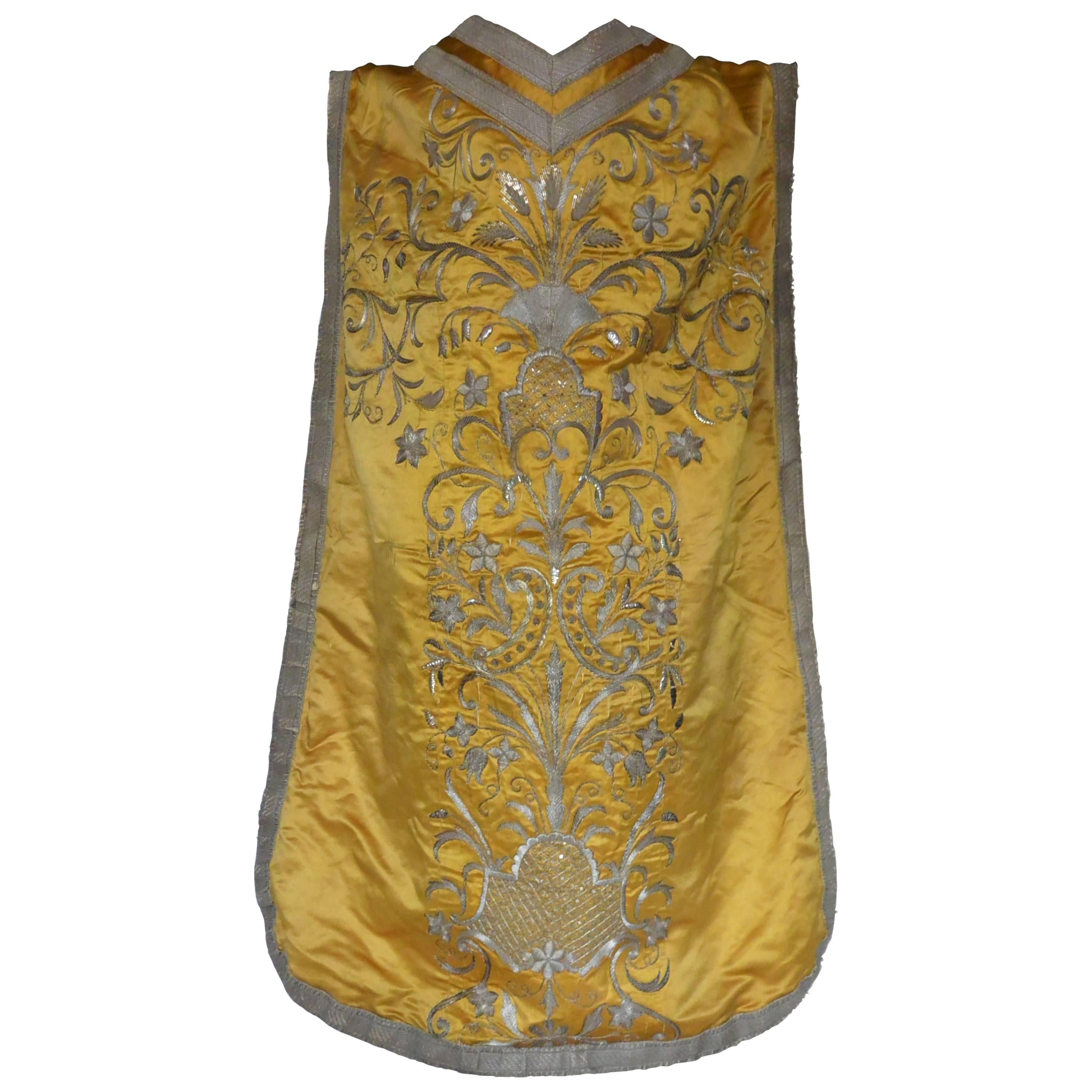 Silver Thread Embroidered Yellow Silk Chasuble Cape
