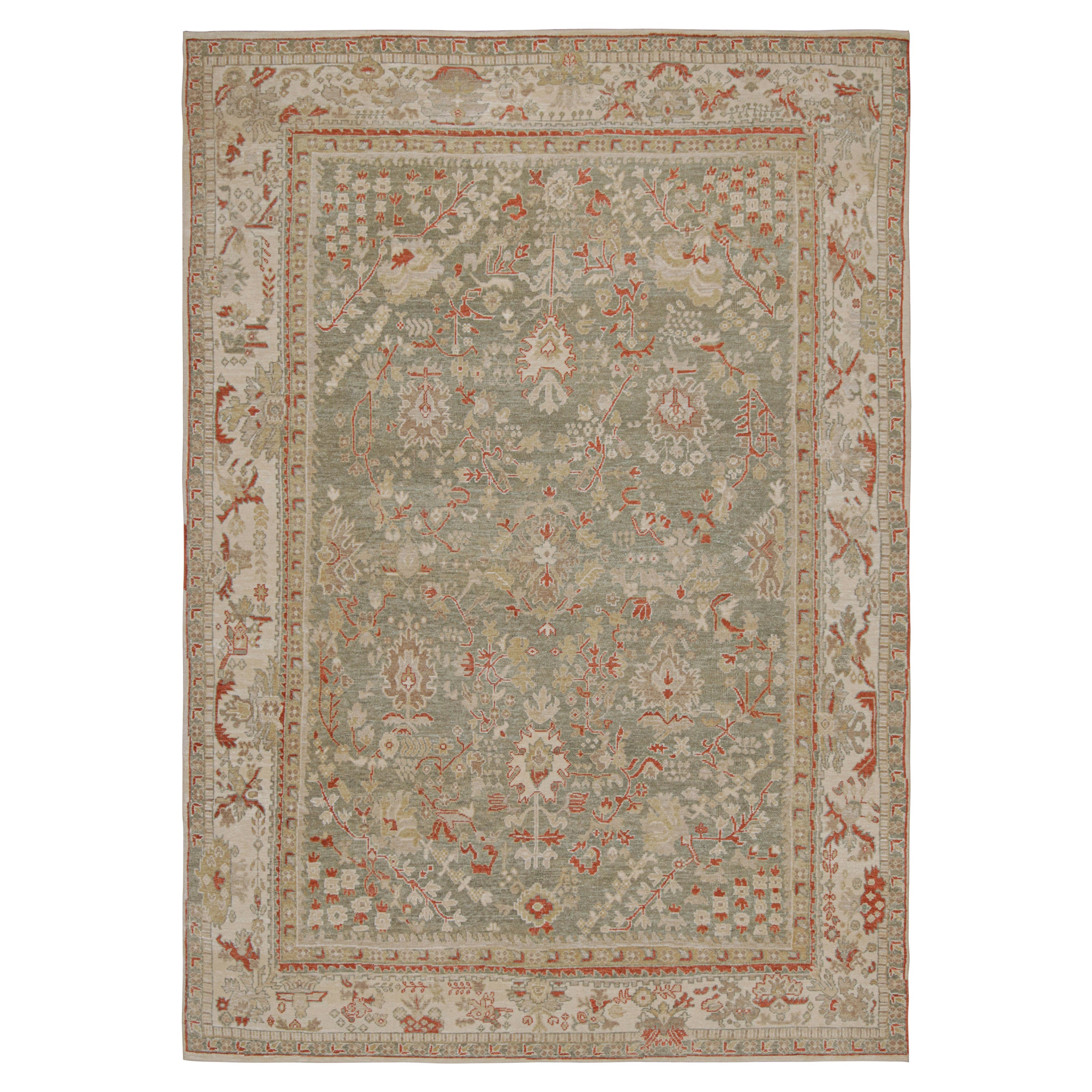 Rug & Kilim’s Oushak Style Rug in Beige-Brown, Green Floral Patterns For Sale