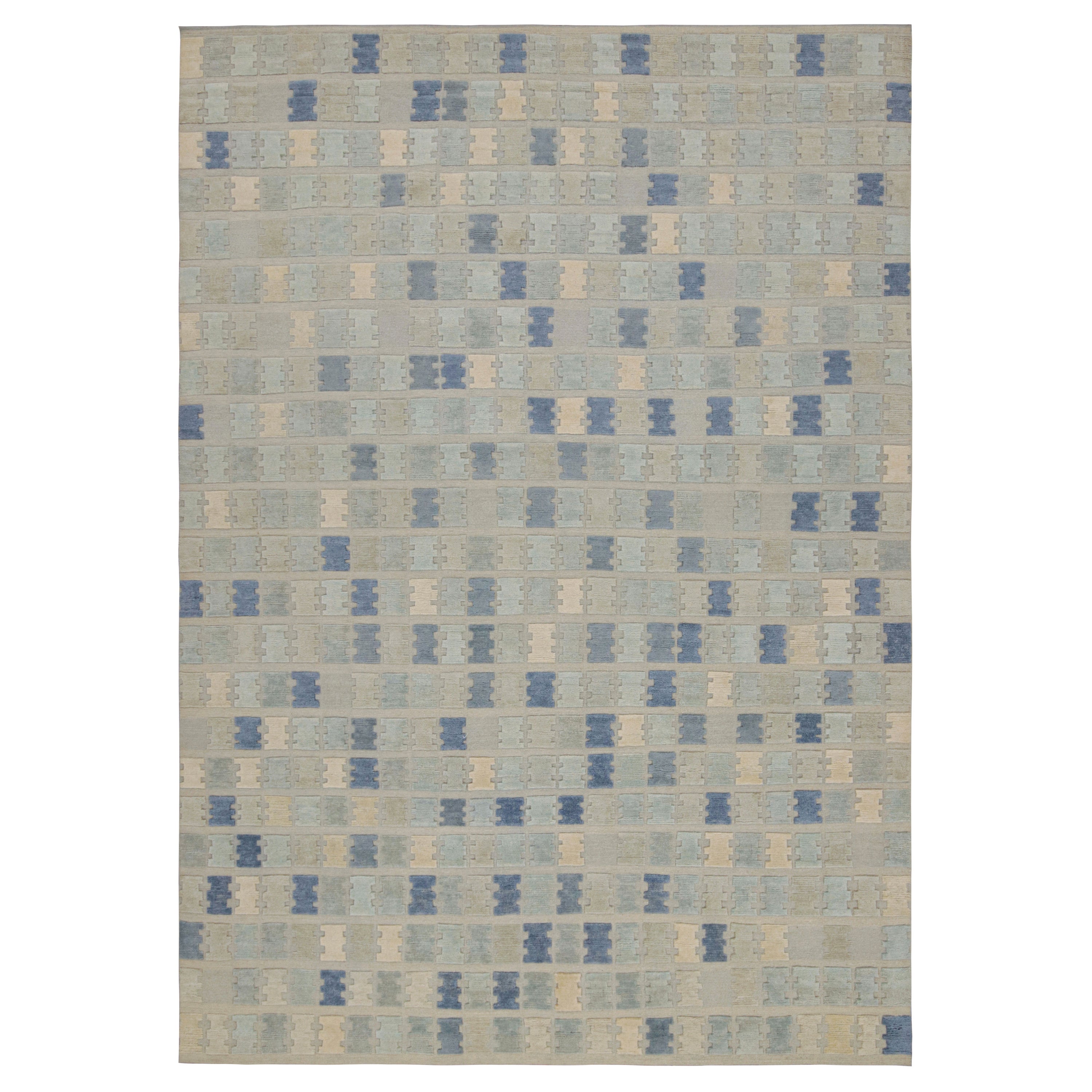 Rug & Kilim’s “High” Scandinavian Style Rug with Light Blue Geometric Patterns For Sale