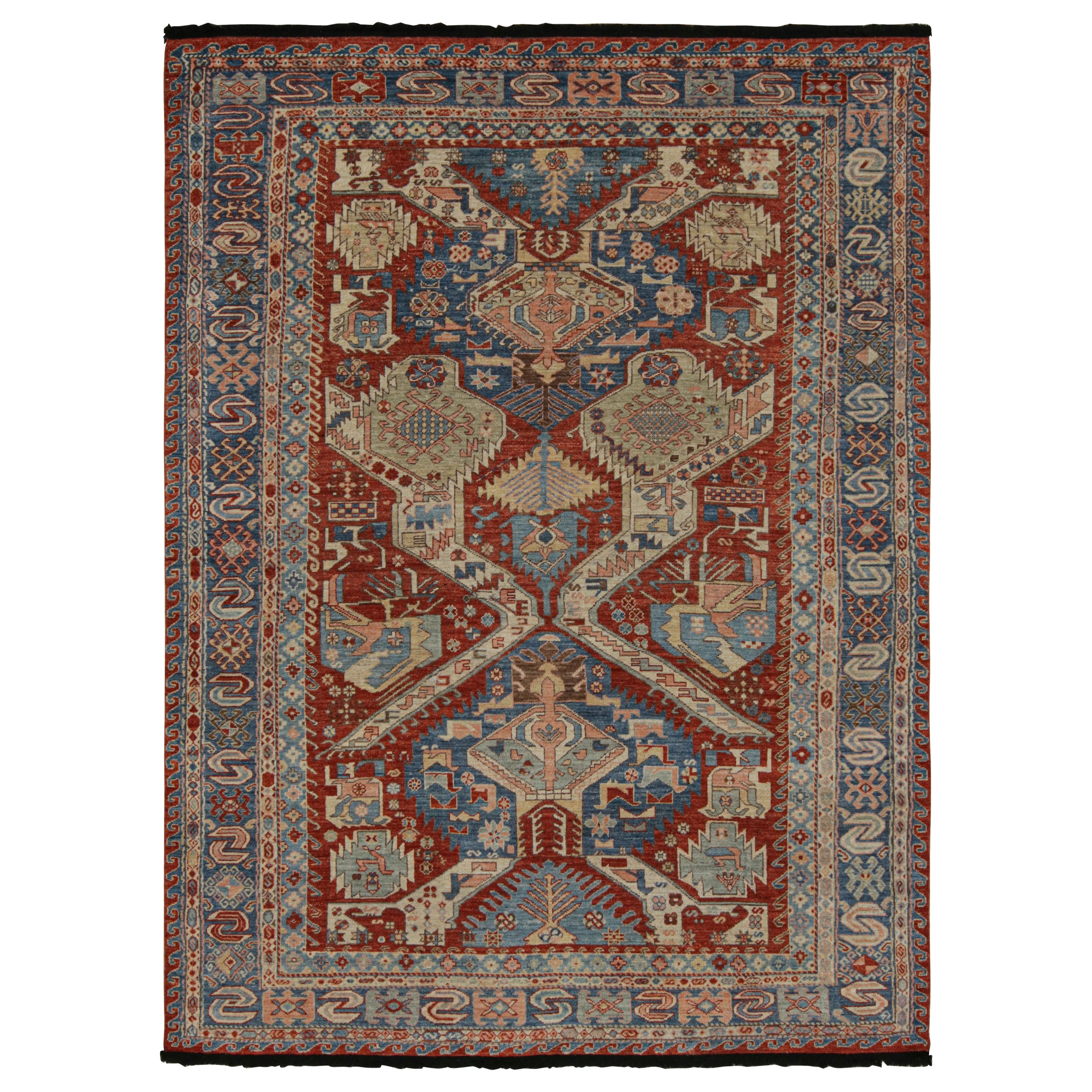 Rug & Kilim’s Dragon Soumak Style Rug in Red and Blue Geometric Patterns For Sale