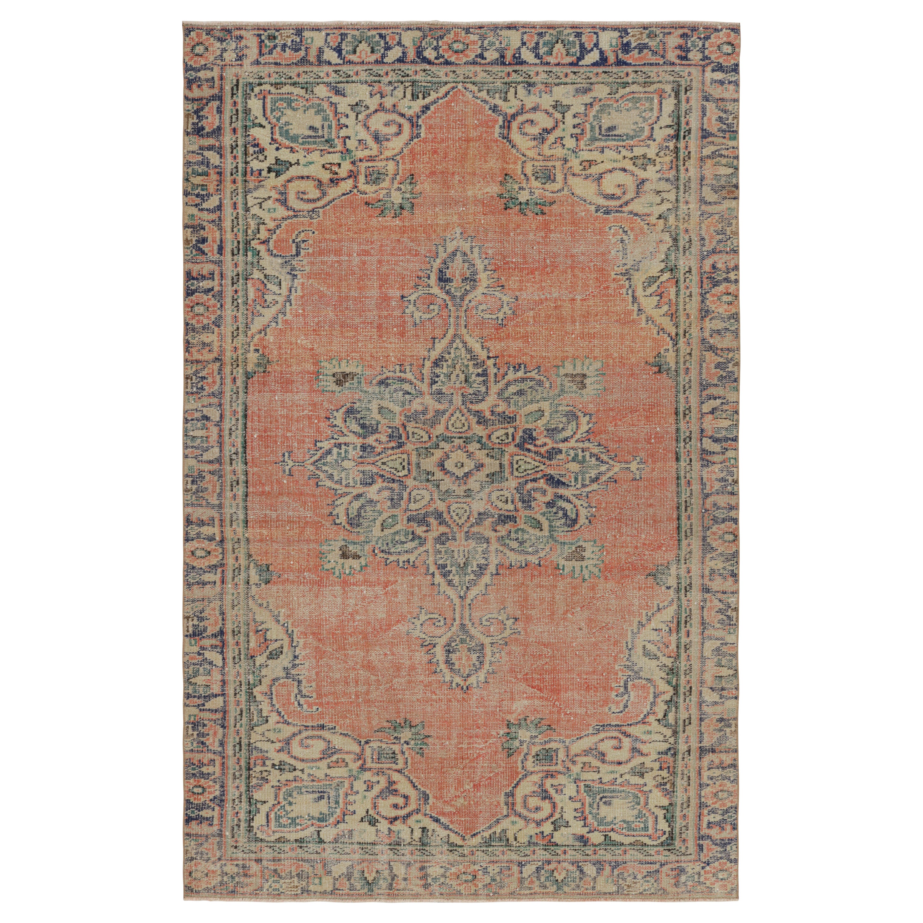 Vintage Turkish Rug in Salmon Red with Floral Medallion, from Rug & Kilim For Sale