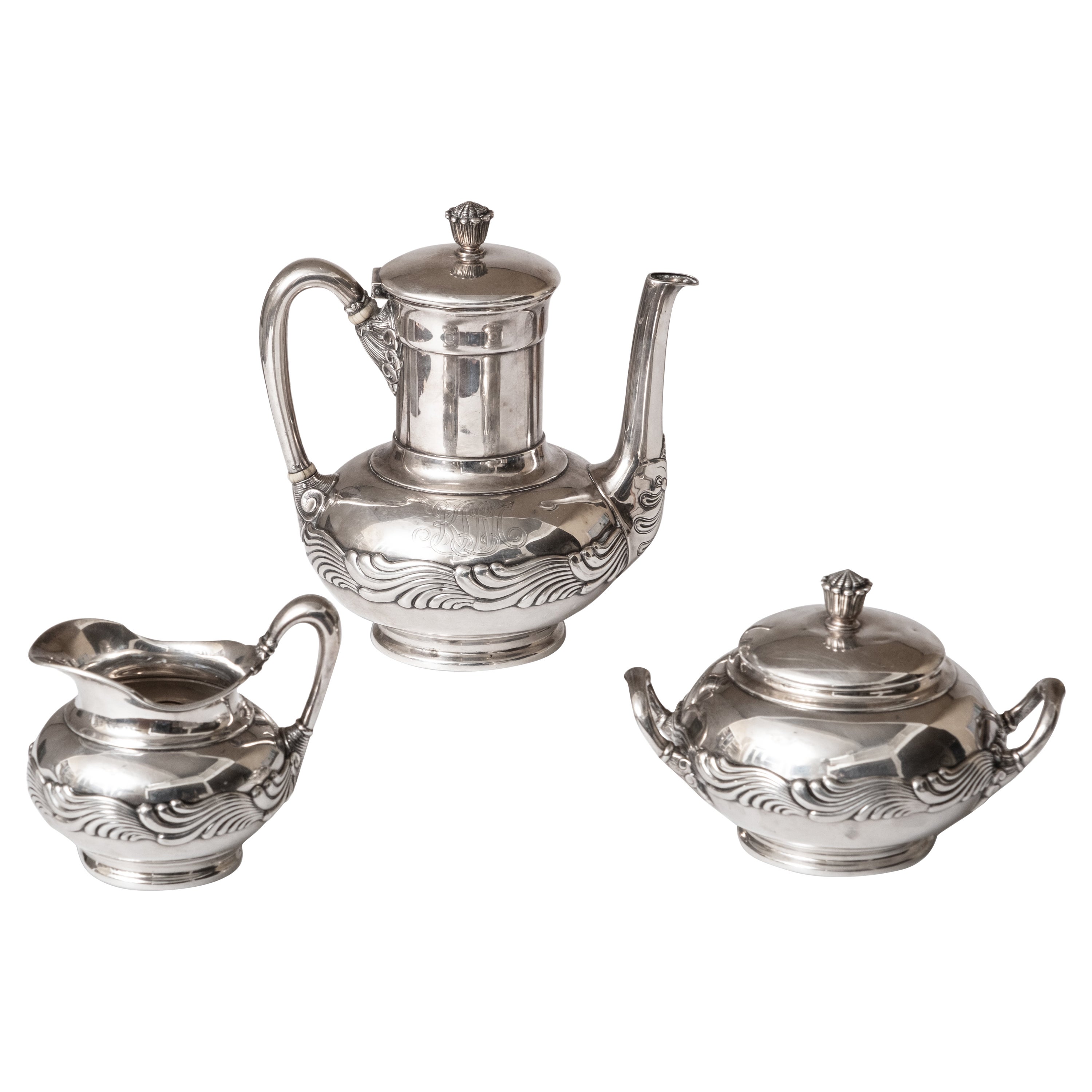 A Three Piece Tiffany & Co. Signed Sterling Silver Art Nouveau Coffee Service  For Sale