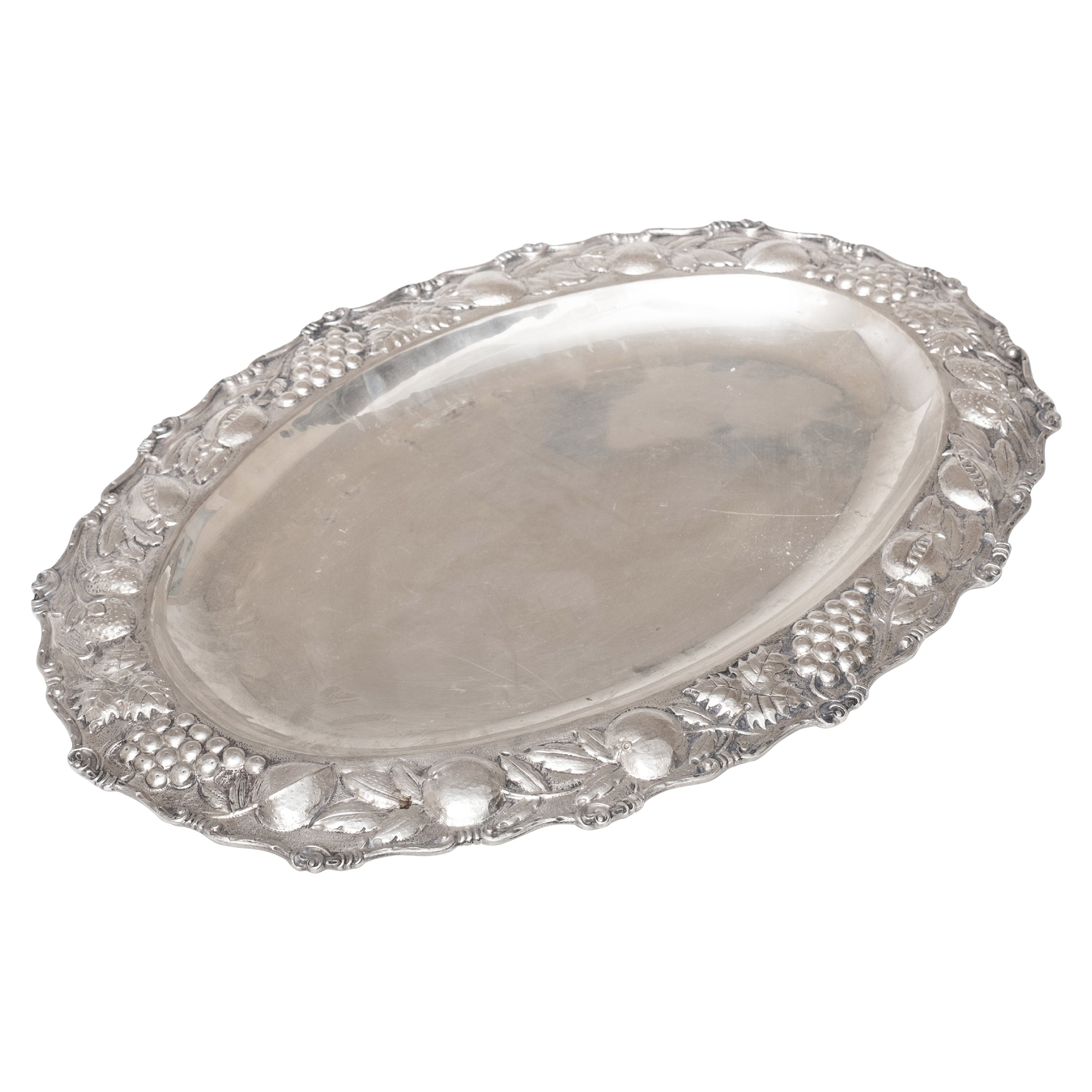 Estate Silver Platter 900/1000 pure with Floral Repoussé Motif For Sale