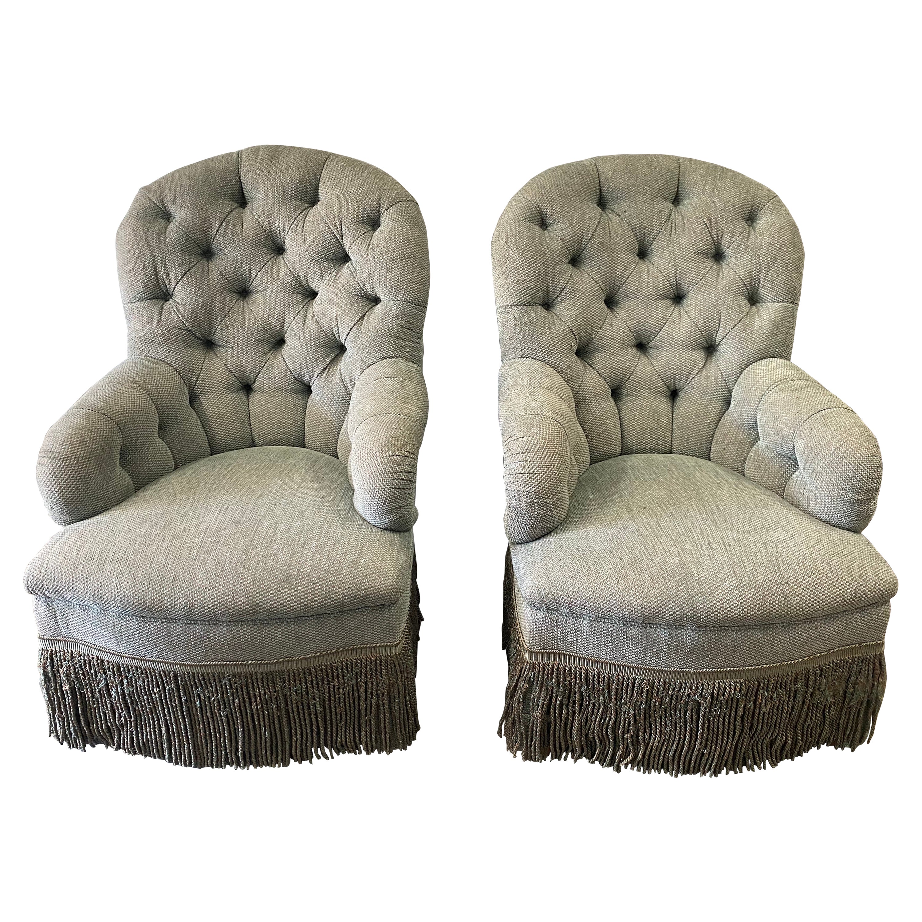 Pair of Tufted Rounded Back Armchairs Custom-Made by David Easton For Sale