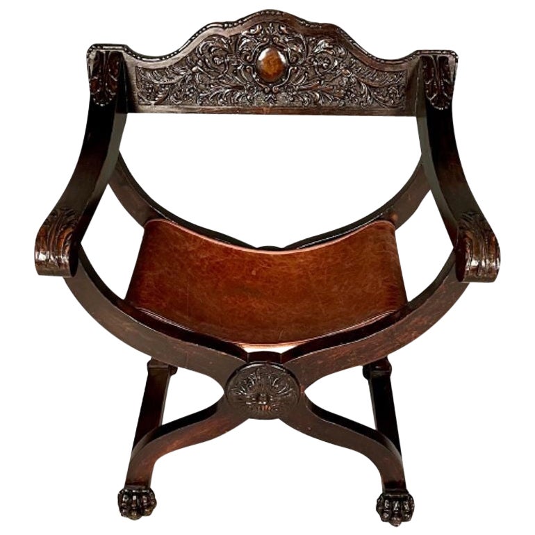 Chaise de bureau / à accoudoirs Renaissance italienne, sculptée, assise en cuir, 19e siècle