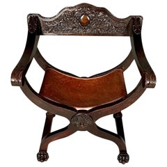 Italian Renaissance Arm / Office Chair, Carved, Leather Seat, 19th Century