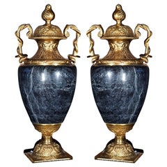 Pair of Marble and Bronze Cassolettes, Urns or Vases, Lidded