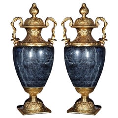 Pair of Marble and Bronze Cassolettes, Urns or Vases, Lidded