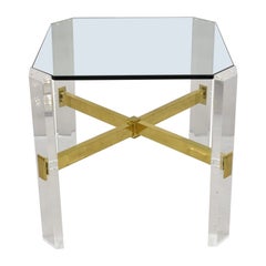 Mid Century Modern Lucite & Glass Top Occasional Side Table w Brass Stretcher