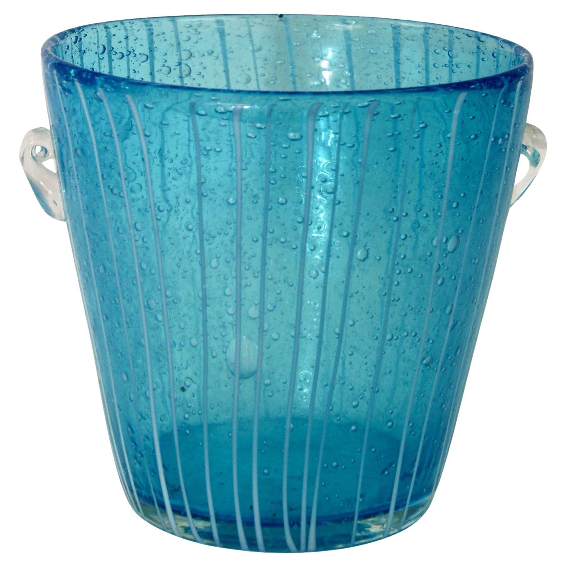 Murano Venini Venetian Ice Bucket Blue and White Art Glass 1980s For Sale