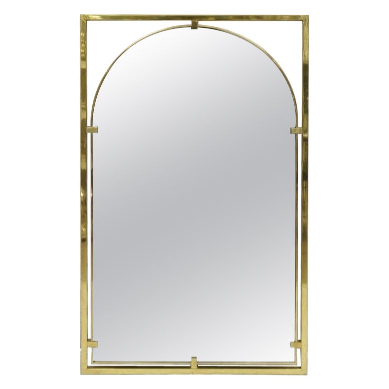 John Stuart Hollywood Regency Brass Frame Arched Glass Modernist Wall Mirror