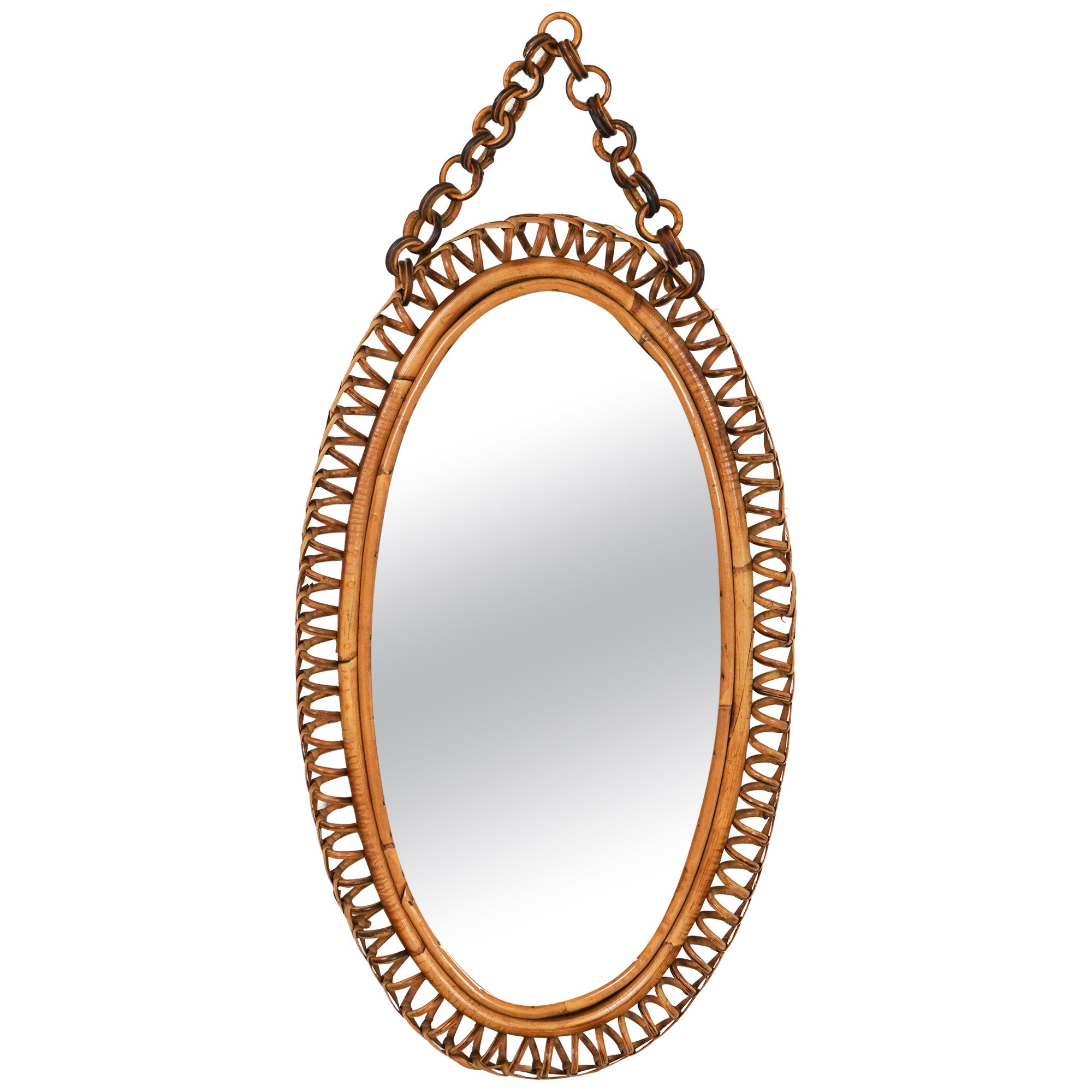 Midcentury Rattan & Bamboo Oval Wall Mirror with Chain, Italy 1960s